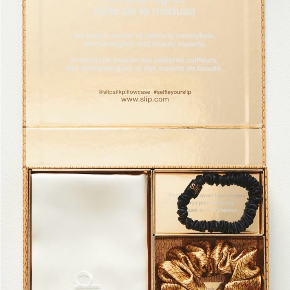 Slip Luxurious Pillow Case Cream  with Black and Gold Hair Tie Collection